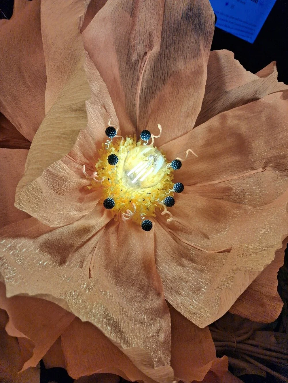 Handcrafted Coral Italian Crepe Paper Flower Hanging Lamp, LED